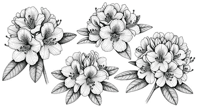 Elegant black and white stippled illustration of rhododendron flowers and leaves
