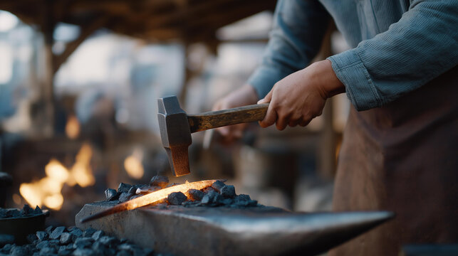 Blacksmith hammering red hot metal on an anvil in a traditional forge with glowing coals, ideal for metalwork production, artisan blacksmithing, traditional craft manufacturing, handmade metal