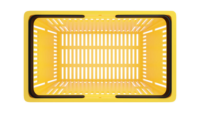 Plastic shopping basket, yellow empty store basket, supermarket shopping cart, top view, 3D rendering, isolated on white background, retail, grocery, consumer shopping, market container