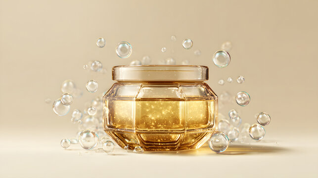 Glass jar with golden liquid and bubbles