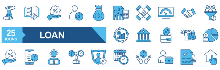 Loan icon set Blue Monochrome Flat concept for vector illustration concept for�revenue, fund, tax, income, price, billfold, personal, percent, capital, investor, calculating machine, pay 