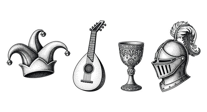 Medieval symbols: jester hat, lute, ornate goblet, and knight's helmet