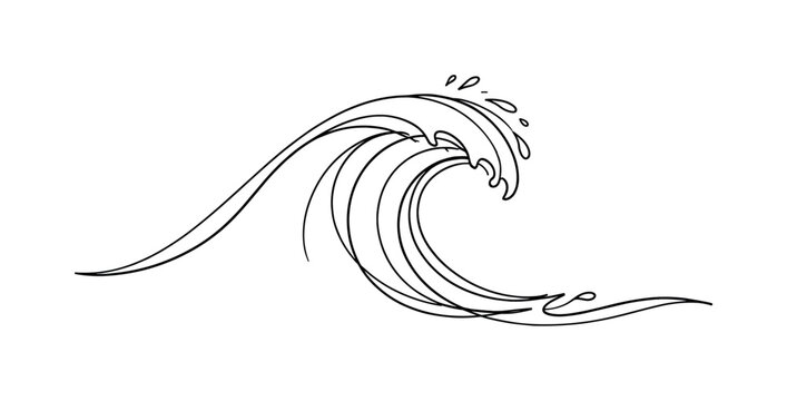 "Breaking Wave". Minimalistic one-line drawing dynamic ocean wave curling forward with subtle splash outline,