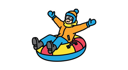 Illustration Vector of Child Snow Tubing Down Hill Winter Fun.