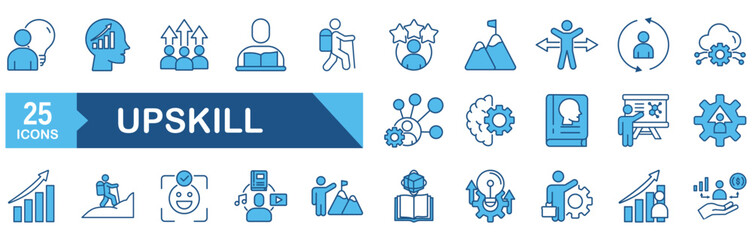 Upskill icon set Blue Monochrome Flat concept for vector illustration concept for�career, skill, training, assessment, set, employee, innovation, digital, monitoring, support, coach