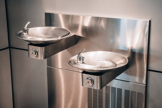 Stainless steel water fountains offering a convenient source for hydration and refreshment