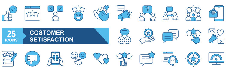 Customer satisfaction icon set Blue Monochrome Flat concept for vector illustration concept for satisfaction, review, feedback, client, line, service, survey, hand, star, like, business
