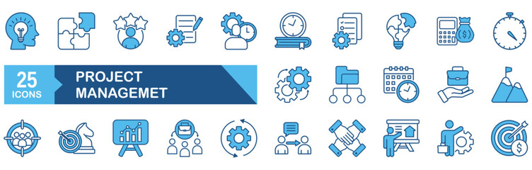 Project management icon set Blue Monochrome Flat concept for vector illustration concept for project, manager, business, management, work, manage, strategy, development