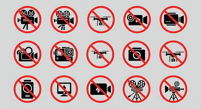 Hyper-Realistic Prohibition Icon Set - No Video Recording and Cinematography Symbols Collection with Movie Camera, Camcorder, GoPro, Drone Camera, and Streaming Device Inside Red Circles with Diagonal