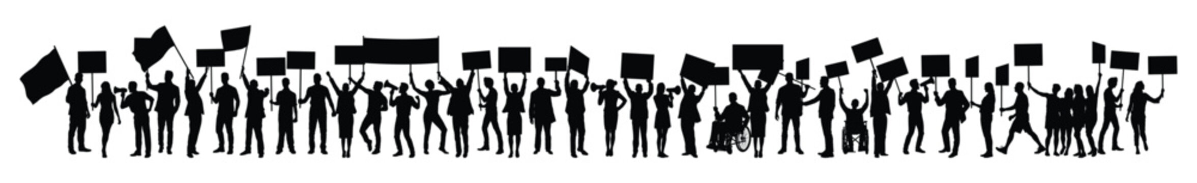 Large crowd of people in various poses holding blank placards protest signs and flags at protests rally march black silhouettes vector illustration.