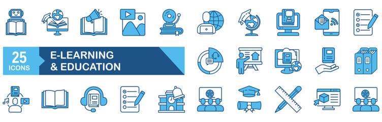 E-learning icon set Blue Monochrome Flat concept for vector illustration concept for study, video, school, online, book, web, laptop, distance, course, training, tutorial, cyberspace, university