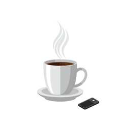 Fototapeta premium Hot steaming coffee cup with a small black remote control on a white saucer