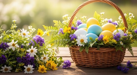 Obraz premium Easter sunday celebration with colorful eggs and spring flowers in a basket