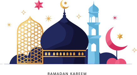 Ramadan Kareem Greeting Vector Illustration with Mosque Dome Minaret Crescent Moon and Islamic Decorative Elements Isolated on White Background © Aminul
