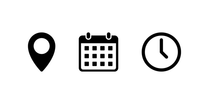 Location, calendar, and clock icon. Map pin, date, and time symbol. Event schedule sign