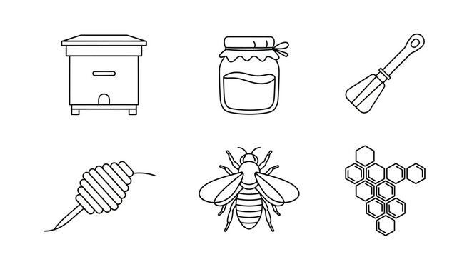 Bee Honeycomb Hive Beekeeper Equipment Icons.