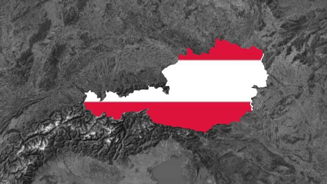 Austria map with flag overlay emerging from clouds on grayscale relief background 4k animation video. Austr map with flag overlay emerging from clouds on grayscale relief background 4k animation video