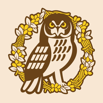 A Pueo Owl with a Wreath of Flowers