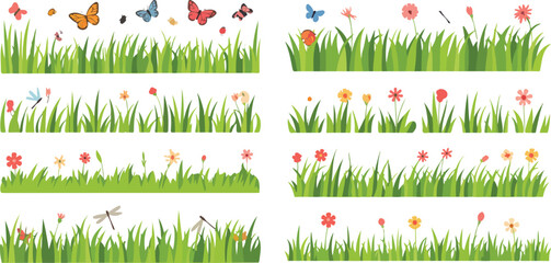 Naklejka premium Early Spring Garden Flowers Cartoon Vector Set Forest Blooming Plants with Insects and Grass