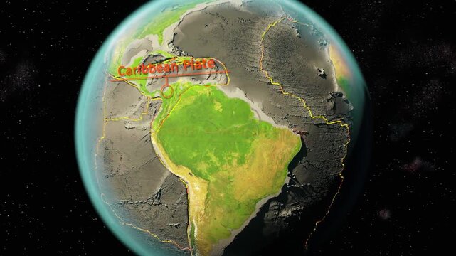 3D animation of Earth&rsquo;s tectonic plates with labeled continents and crust layers, shifting lithosphere boundaries, subtle seismic motion, educational geology visualization, clean scientific style