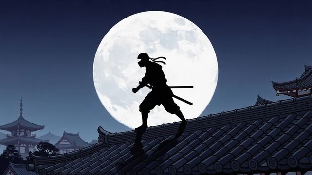 月夜に浮かぶ忍者シルエット和風ループ