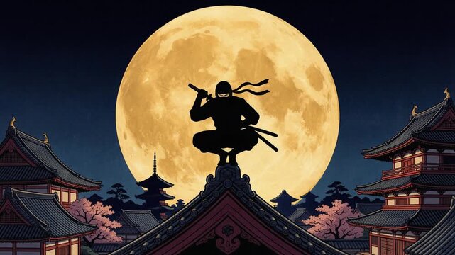 月夜に浮かぶ忍者シルエット和風ループ