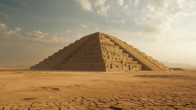 Step pyramid structure rising from arid desert landscape under clear sky with cracked ground foreground