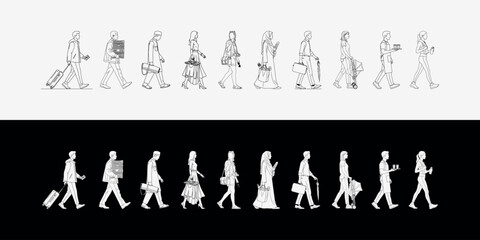 Diverse Group of Walking People in Minimalist Line Art Style, Showcasing Various Professions, Lifestyles, and Daily Activities