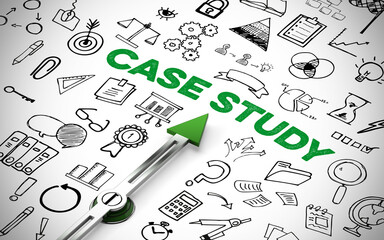Kompass zeigt auf Schriftzug Case Study zwischen Icons als Business Konzept