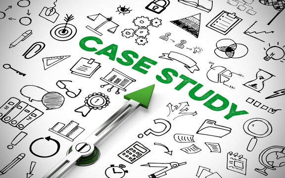 Kompass zeigt auf Schriftzug Case Study zwischen Icons als Business Konzept