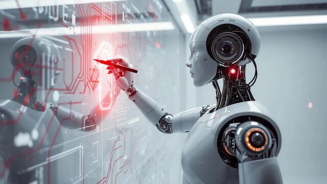 Humanoid robot interacting with digital interface displaying glowing red warning symbol in laboratory setting