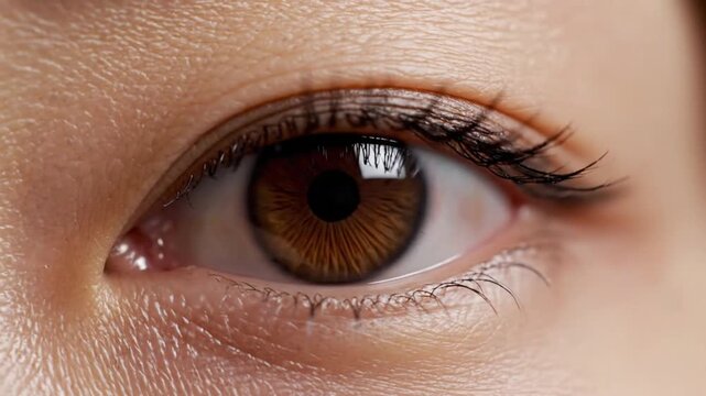 Close-up view of a brown eye with detailed patterns and textures captured in bright light during daylight hours