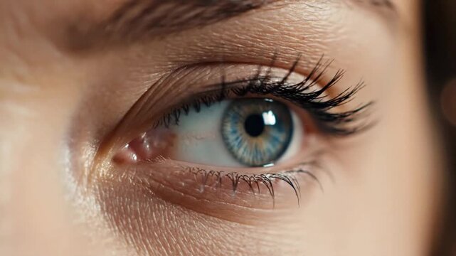 Close view of a human eye with blue color and clear features showing iris and eyelashes in natural light