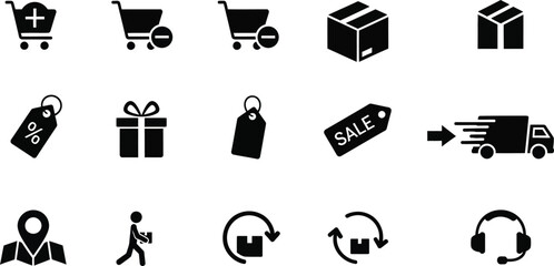 E-commerce icons set for online shopping. Web store symbols collection including delivery truck, shopping cart, credit card payment, secure checkout, and add to cart button. © Stud