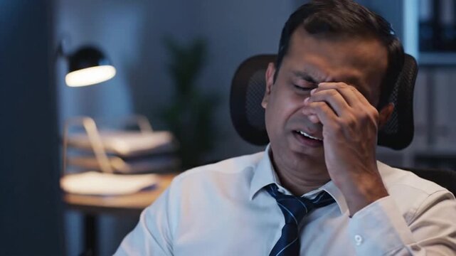Man working late at office looking focused and deep in thought while using computer in dim light