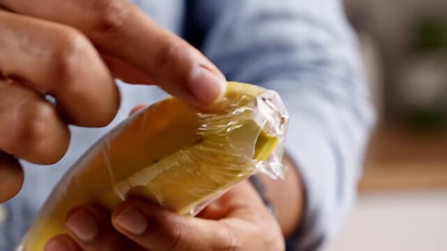 Hands holding yellow banana wrapped in clear plastic film
