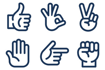 Obraz premium Hand Gesture Outline Icon Set, Thumbs Up Thumbs Down Finger Heart Peace Sign Raised Palm Fist Bump Pointing Finger OK Clap Hands Clenched Fist Emoji Symbols Vector Illustration