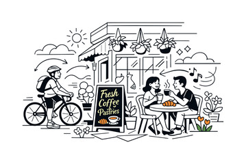 Obraz premium Sunny Cafe Scene. Sunny Cafe Corner. A charming corner café with large windows, hanging plants, and a