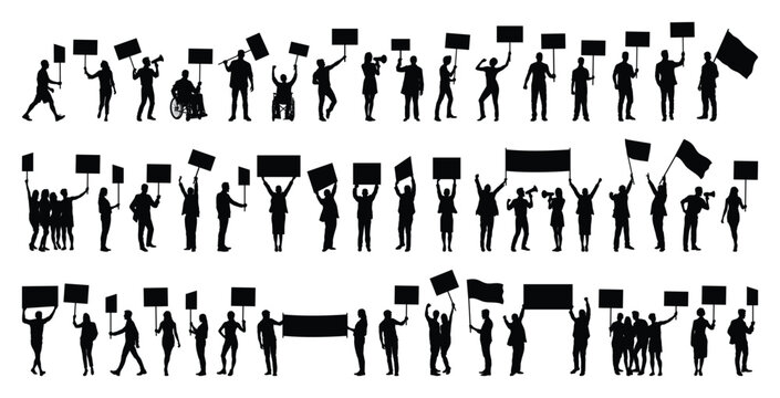 Crowd of protesters in various poses holding placards banners and speaking through loudspeaker protesting march at street silhouette set on white background vector illustration collection.