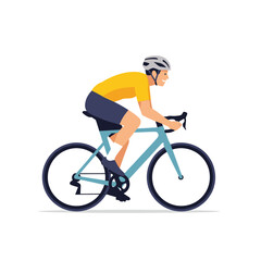 Fototapeta premium Cyclist in yellow jersey and blue shorts riding a light blue road bicycle