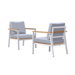 Modern outdoor armchairs with light grey cushions and natural wood accents