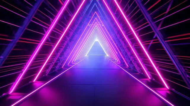 Neon triangular tunnel with glowing purple and pink light lines forming futuristic geometric corridor