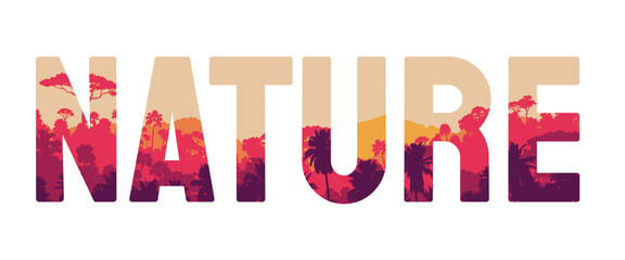 Nature typography with tropical jungle and palm tree landscape inside bold letters isolated on transparent background PNG, perfect for eco designs, travel branding, and outdoor themed graphics © Arun