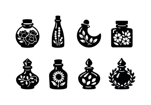Botanical elixir line art. Filled icon set of Botanical elixir line art: round potion jar with peonies, tall