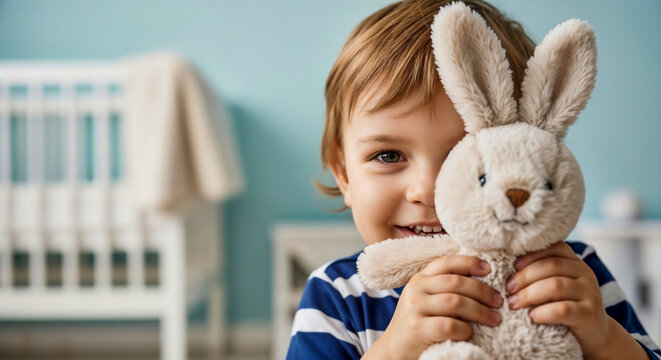 Toddler holding stuffed rabbit symbolizing childhood security