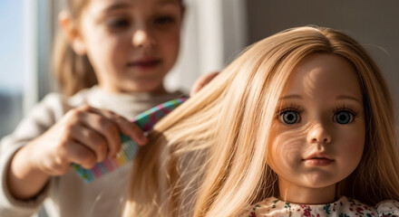 Girl brushing doll&rsquo;s hair symbolizing childhood care and imagination
