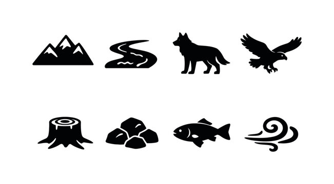 Wild Ecosystem Icons Set. Wild ecosystem. Filled icon set of Wild ecosystem: mountain range, river stream,