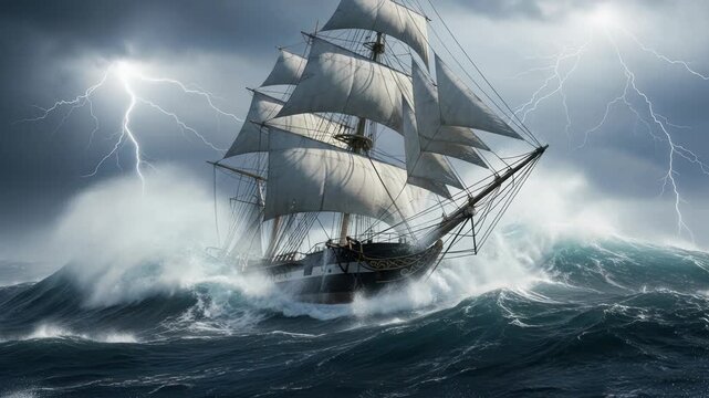 Sailing Ship Battling Stormy Seas with Lightning Strikes