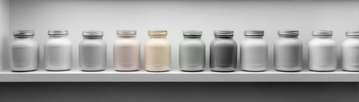 Monochrome Pantry Shelf Displaying Uniform Jars in Soft Shades of White, Gray, and Pastel Colors Ideal for Minimalist Interior Styling