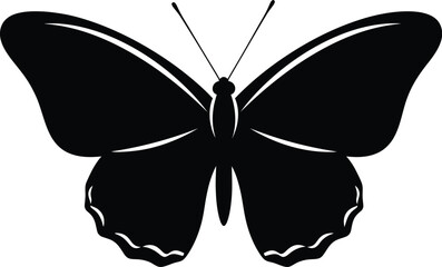 Black silhouette of a butterfly with spread wings isolated on a white background. Vector, illustration © Rakib